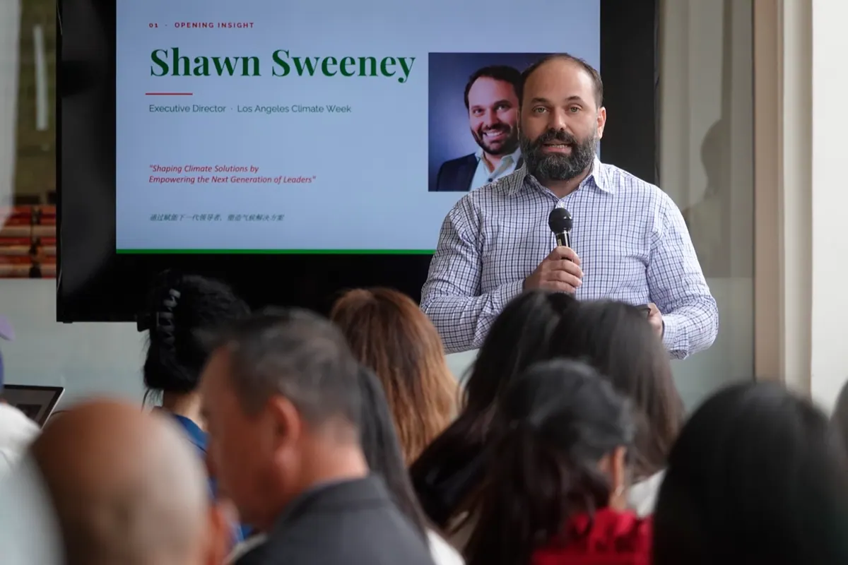 Shawn Sweeney, Executive Director of LA Climate Week, delivering the opening keynote: Shaping Climate Solutions by Empowering the Next Generation of Leaders